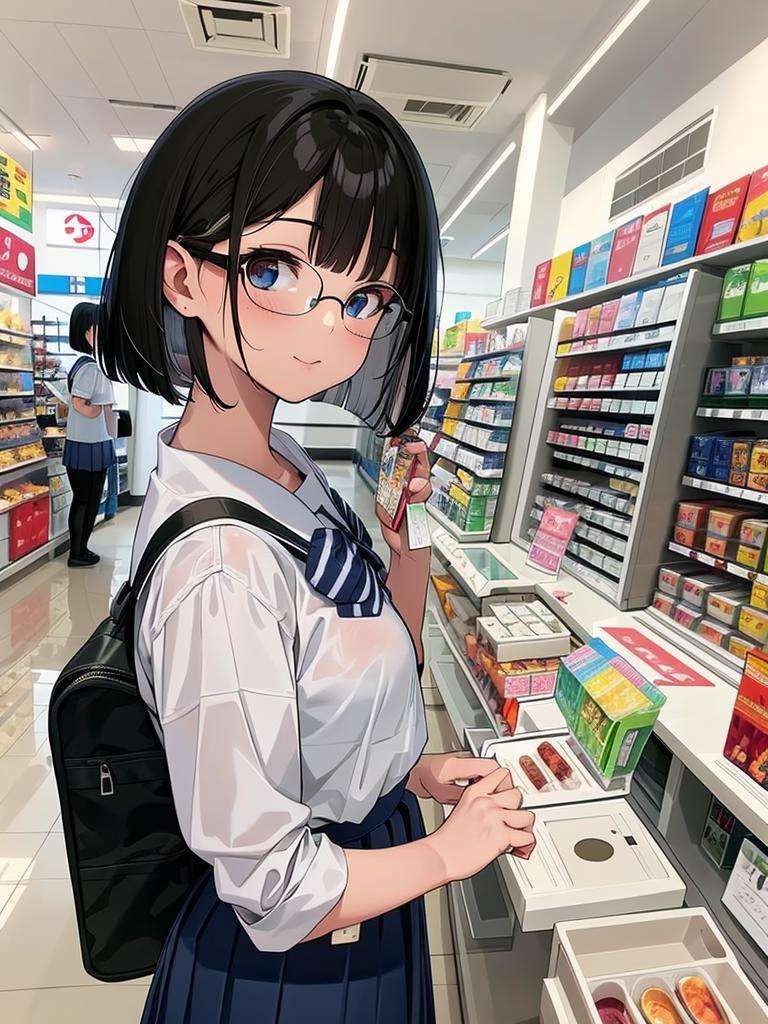 masterpiece, best quality, ultra-detailed, illustration,1girl, black hair, bob cut, glasses, school uniform, school bag, konbini, cashier, shop, indoors,convenience store, <lora:Konbini_V4:0.6>