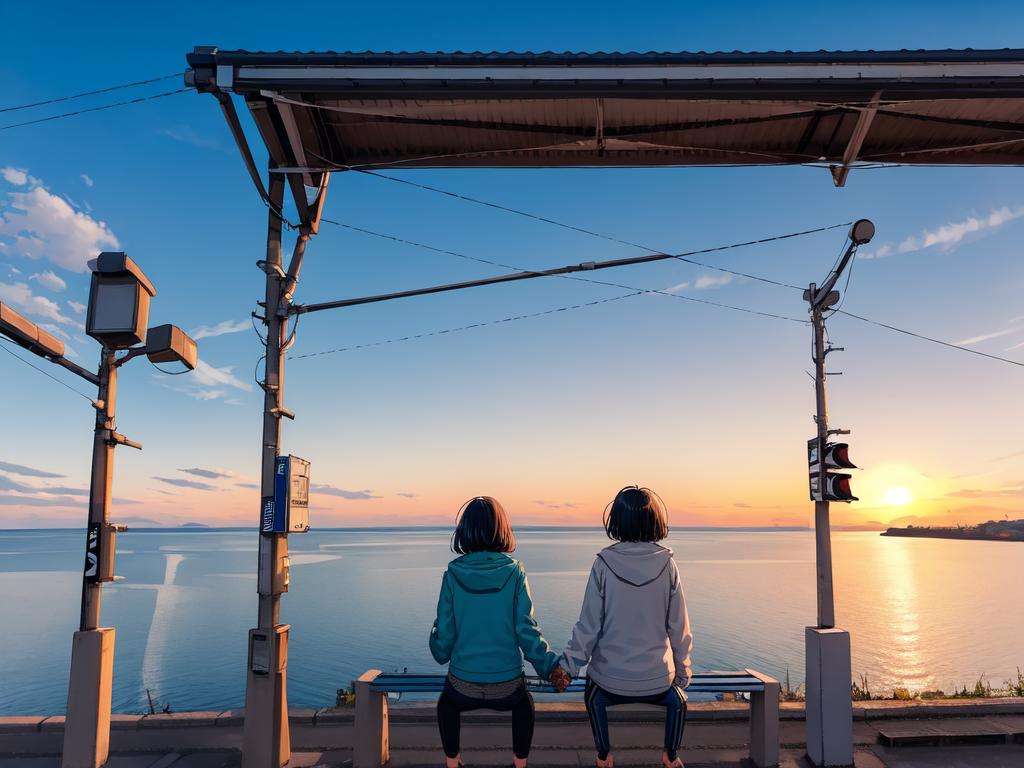 masterpiece, best quality, ultra-detailed, illustration,shimonadaeki, outdoors, sitting, sky, scenery, ocean, from behind, 2girls, horizon, power lines, multiple girls, black hair, holding hands, short hair, cloud, 1boy, hood, blue sky, pants, sunset, utility pole, facing away, train station <lora:shimonadaeki:1>