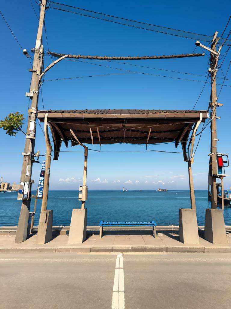 masterpiece, best quality, ultra-detailed, illustration,shimonadaeki, outdoors, sky, scenery, ocean, horizon, power lines, cloud, blue sky, sunset, utility pole,  train station <lora:shimonadaeki:1>