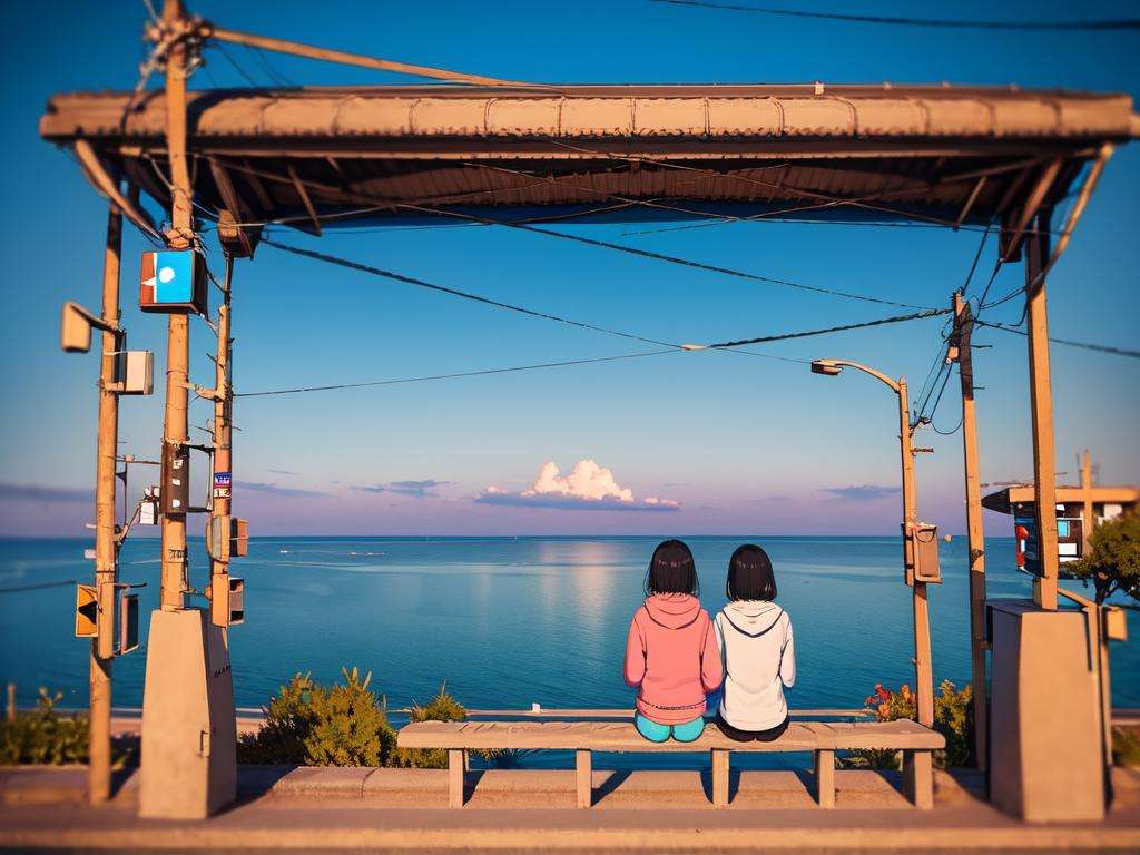 masterpiece, best quality, ultra-detailed, illustration,shimonadaeki, outdoors, sitting, sky, scenery, ocean, from behind, 2girls, horizon, power lines, multiple girls, black hair, holding hands, short hair, cloud, 1boy, hood, blue sky, pants, sunset, utility pole, facing away, train station <lora:shimonadaeki:1>