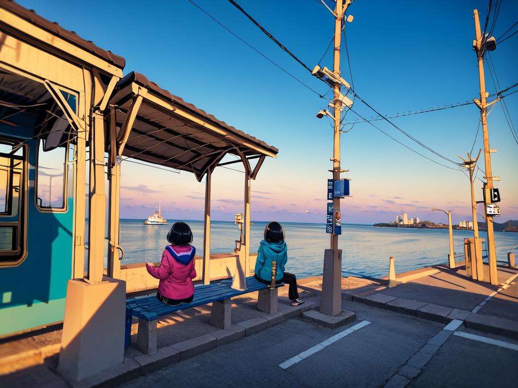 masterpiece, best quality, ultra-detailed, illustration,shimonadaeki, outdoors, sitting, sky, scenery, ocean, from behind, 2girls, horizon, power lines, multiple girls, black hair, holding hands, short hair, cloud, 1boy, hood, blue sky, pants, sunset, utility pole, facing away, train station <lora:shimonadaeki:1>