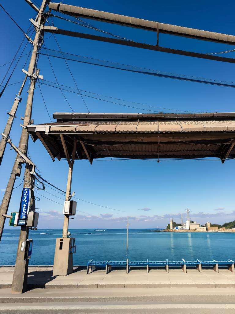 masterpiece, best quality, ultra-detailed, illustration,shimonadaeki, outdoors, sky, scenery, ocean, horizon, power lines, cloud, blue sky, sunset, utility pole,  train station <lora:shimonadaeki:1>