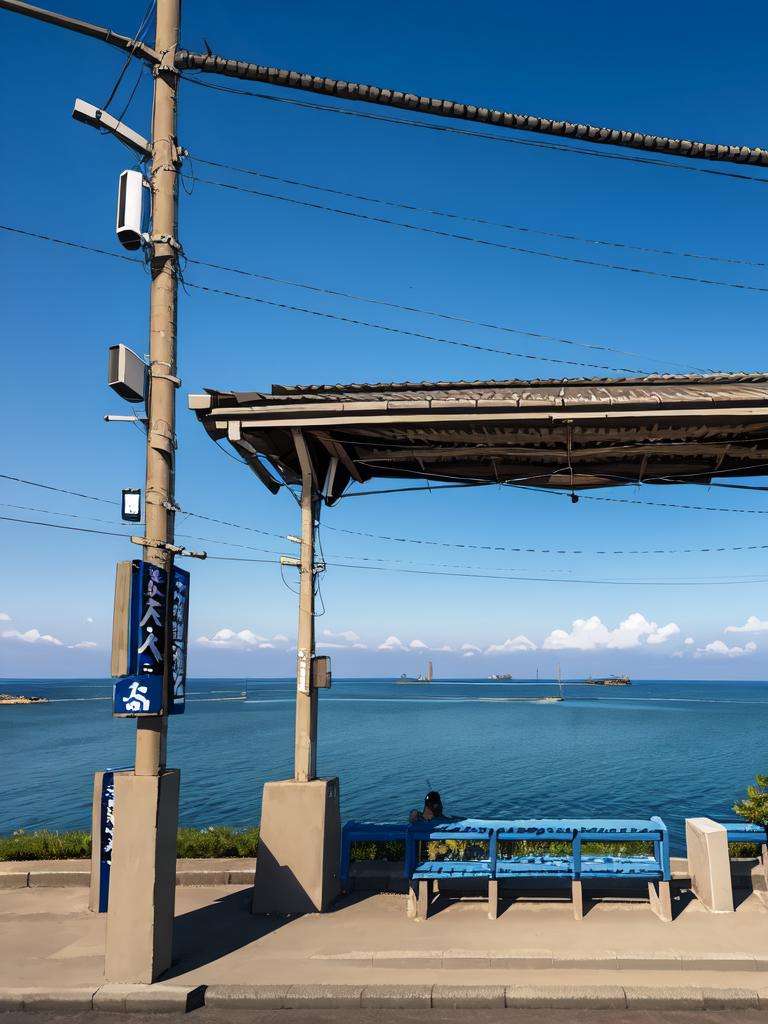 masterpiece, best quality, ultra-detailed, illustration,shimonadaeki, outdoors, sky, scenery, ocean, horizon, power lines, cloud, blue sky, sunset, utility pole,  train station <lora:shimonadaeki:1>