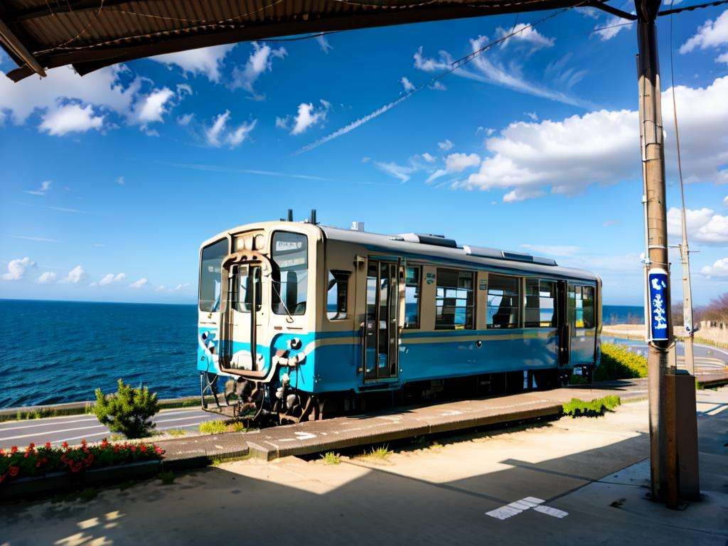 masterpiece, best quality, ultra-detailed, illustration,shimonadaeki2, kiha32, train, scenery, outdoors, sky, day, blue sky, cloud, power lines, plant, ocean, utility pole, sign, horizon, sunflower, road, flower, potted plant, train station, realistic, , photo background, , photo (medium), , photorealistic, platfrom, real world location <lora:ShimonadaEki_V4:1>