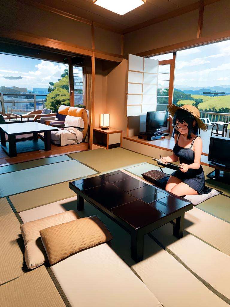 masterpiece, best quality, ultra-detailed, illustration,1girl, glasses, white sundress, straw hat, hair ribbon, ryokan, table, chair, scenery, indoors, window, book, day, sky, television, desk,  <lora:ryokan:1>