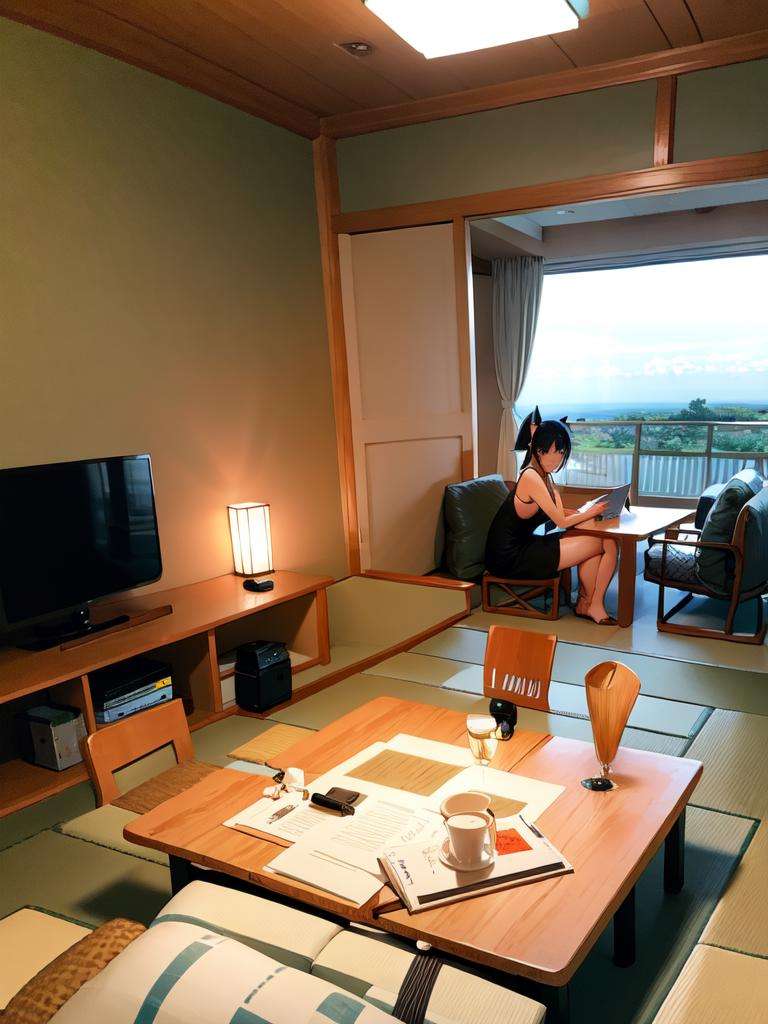 masterpiece, best quality, ultra-detailed, illustration,1girl, glasses, white sundress, straw hat, hair ribbon, ryokan, table, chair, scenery, indoors, window, book, day, sky, television, desk,  <lora:ryokan:1>