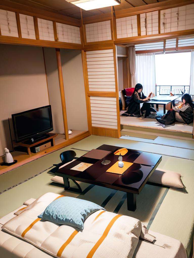 masterpiece, best quality, ultra-detailed, illustration,1girl, glasses, white sundress, straw hat, hair ribbon, ryokan, window, scenery, indoors, table, pillow, bed, chair, book, television, blanket, curtains, bedroom, futon, lamp, realistic,  <lora:ryokan:1>