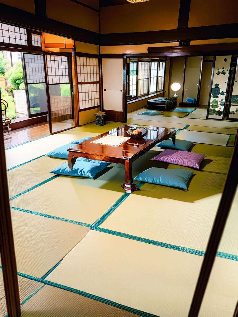 masterpiece, best quality, ultra-detailed, illustration,washitsu, table, scenery, tatami, sliding doors, indoors, book, architecture, cushion, cup, window, realistic,  <lora:washitsu:1>