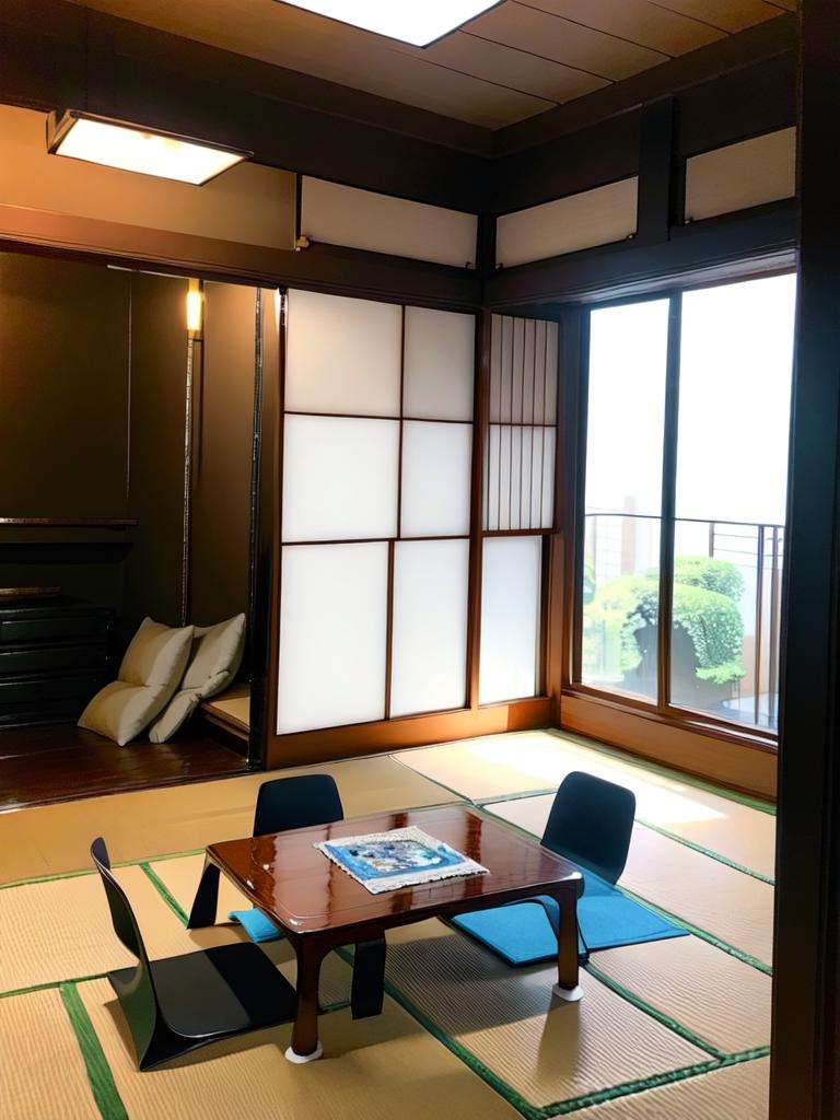 masterpiece, best quality, ultra-detailed, illustration,washitsu, table, scenery, tatami, sliding doors, indoors, book, architecture, cushion, cup, window, realistic,  <lora:washitsu:1>