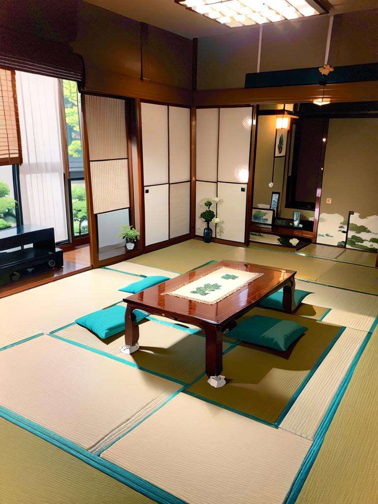 masterpiece, best quality, ultra-detailed, illustration,washitsu, table, scenery, tatami, sliding doors, indoors, book, architecture, cushion, cup, window, realistic,  <lora:washitsu:1>