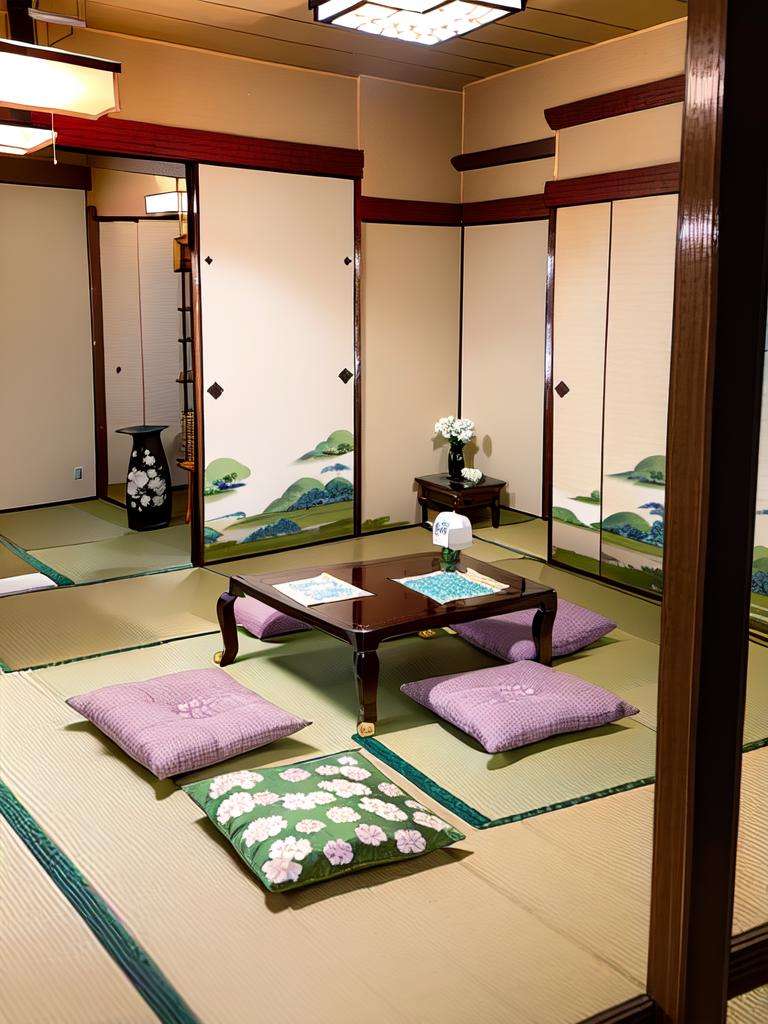 masterpiece, best quality, ultra-detailed, illustration,washitsu, scenery, tatami, flower, table, indoors, cushion, sliding doors, vase, pillow, architecture, book, zabuton, shelf, realistic, photo (medium), photo background <lora:washitsu:1>