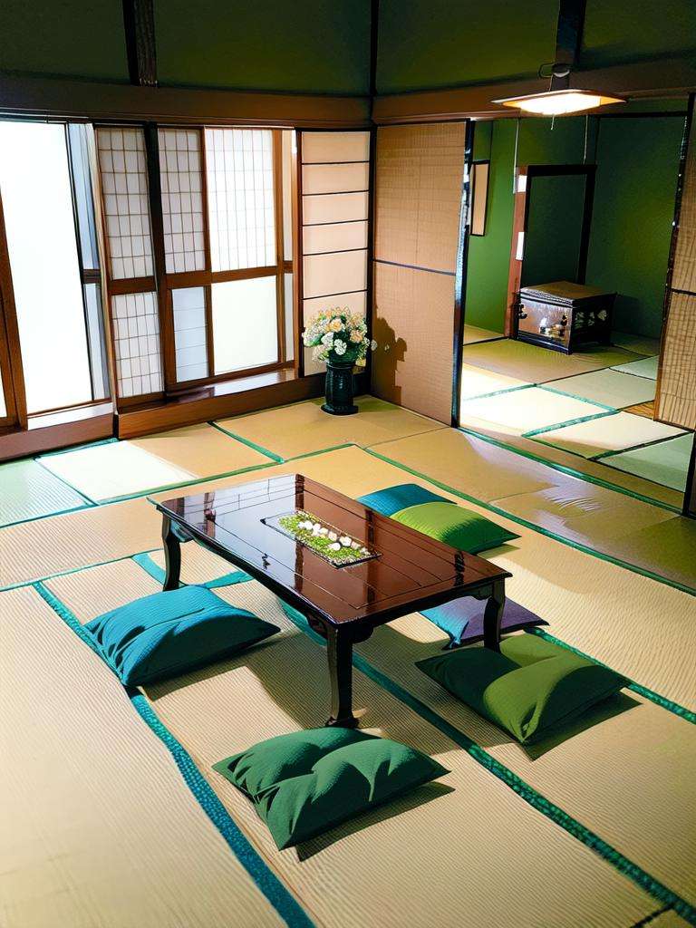 masterpiece, best quality, ultra-detailed, illustration,washitsu, scenery, tatami, flower, table, indoors, cushion, sliding doors, vase, pillow, architecture, book, zabuton, shelf, realistic, photo (medium), photo background <lora:washitsu:1>