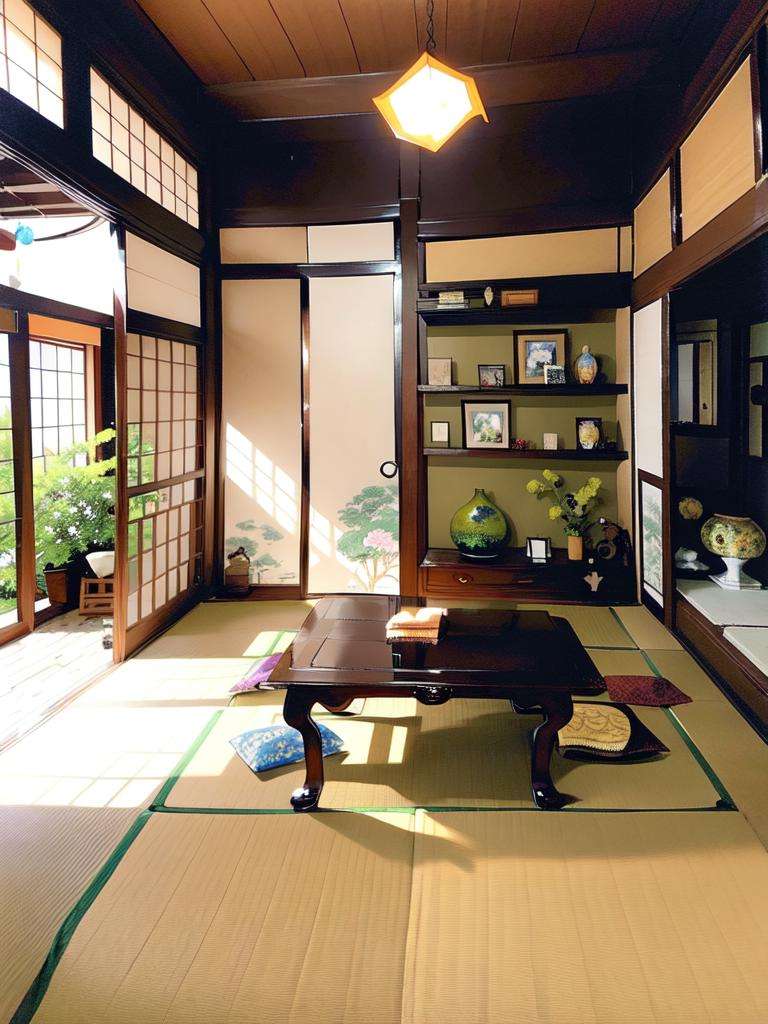 masterpiece, best quality, ultra-detailed, illustration,washitsu, scenery, table, tree, indoors, chair, lamp, book, plant, architecture, sunlight, shelf, window, sliding doors, shade, ceiling light, door, realistic, photo (medium), photo background <lora:washitsu:1>