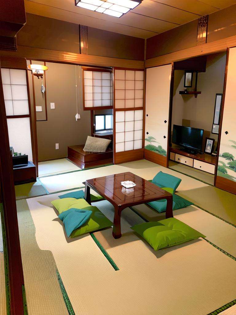 masterpiece, best quality, ultra-detailed, illustration,washitsu, table, scenery, tatami, sliding doors, indoors, book, architecture, cushion, cup, window, realistic,  <lora:washitsu:1>