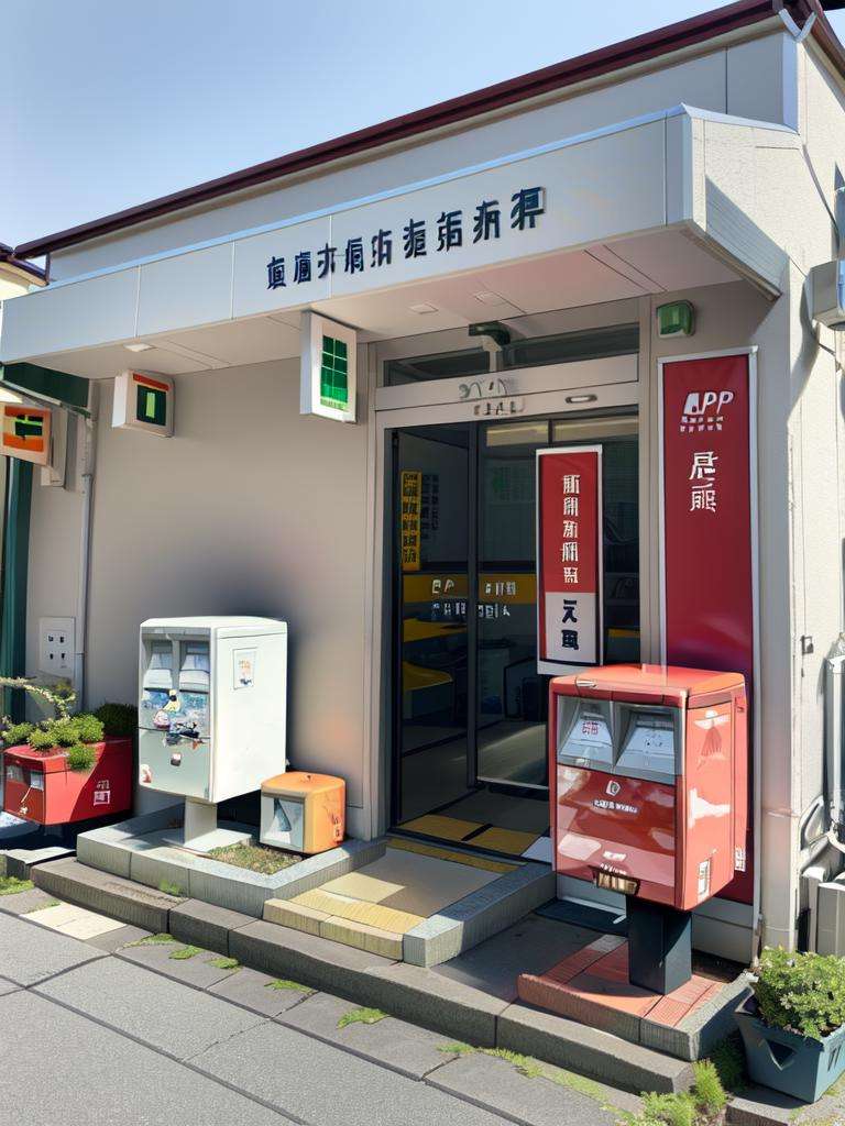 masterpiece, best quality, ultra-detailed, illustration,JPO, scenery, vending machine, chinese text, clock, door, trash can, sign, building, shop, air conditioner, outdoors, window, plant, road, Post box <lora:JapanPOST:1>