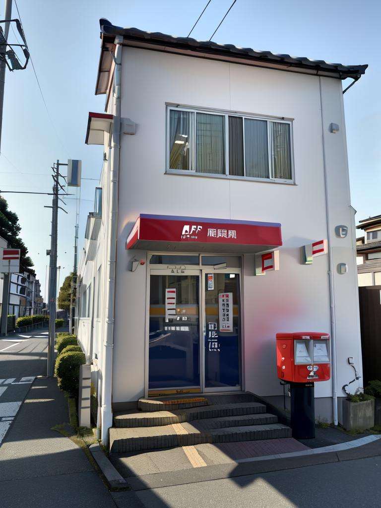 masterpiece, best quality, ultra-detailed, illustration,JPO, scenery, outdoors, vending machine, sky, building, day, road, utility pole, power lines, tree, blue sky, street, shadow, sign, Post box <lora:JapanPOST:1>