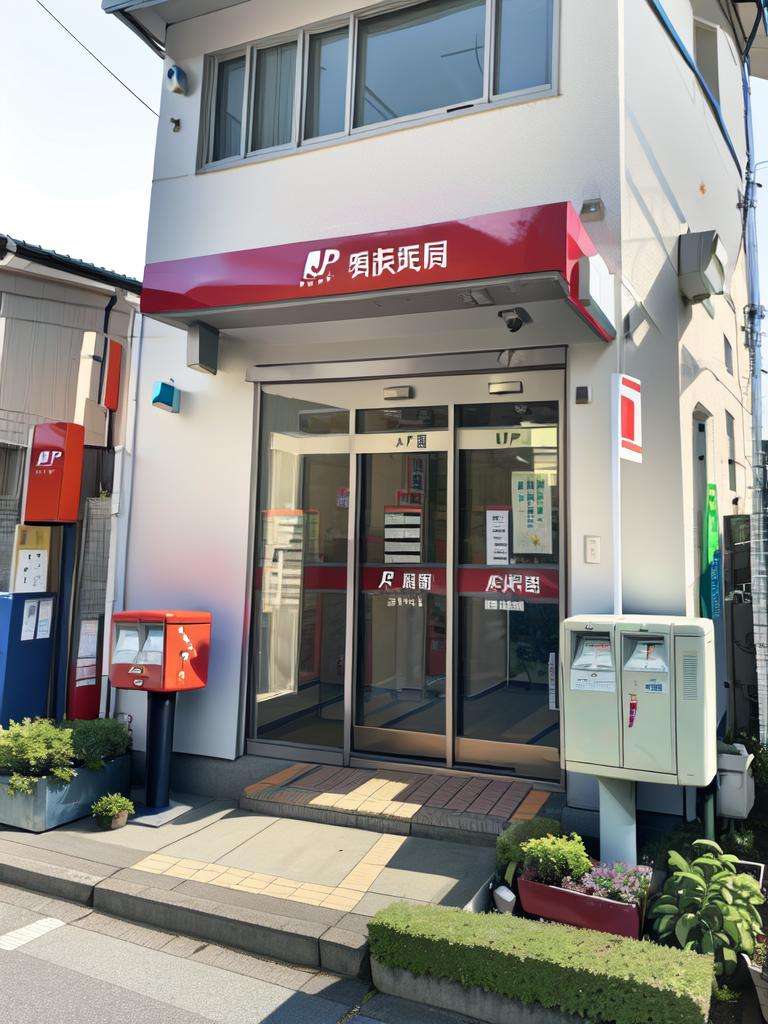 masterpiece, best quality, ultra-detailed, illustration,JPO, scenery, vending machine, chinese text, clock, door, trash can, sign, building, shop, air conditioner, outdoors, window, plant, road, Post box <lora:JapanPOST:1>