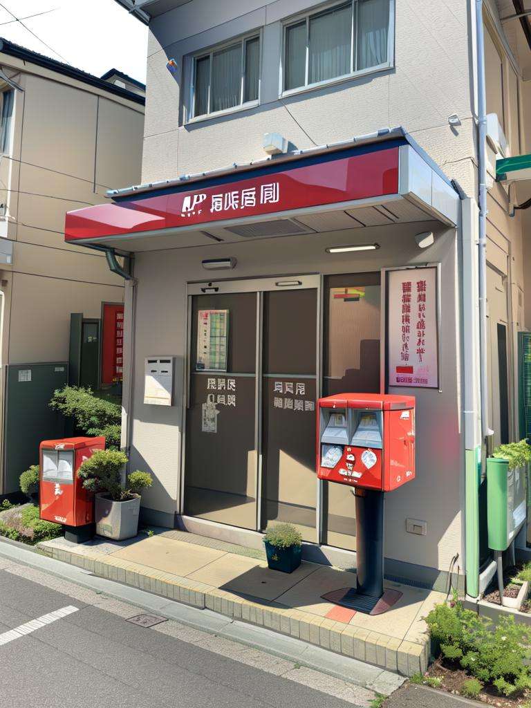 masterpiece, best quality, ultra-detailed, illustration,JPO, scenery, vending machine, chinese text, clock, door, trash can, sign, building, shop, air conditioner, outdoors, window, plant, road, Post box <lora:JapanPOST:1>