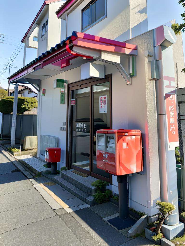 masterpiece, best quality, ultra-detailed, illustration,JPO, scenery, outdoors, vending machine, sky, building, day, road, utility pole, power lines, tree, blue sky, street, shadow, sign, Post box <lora:JapanPOST:1>