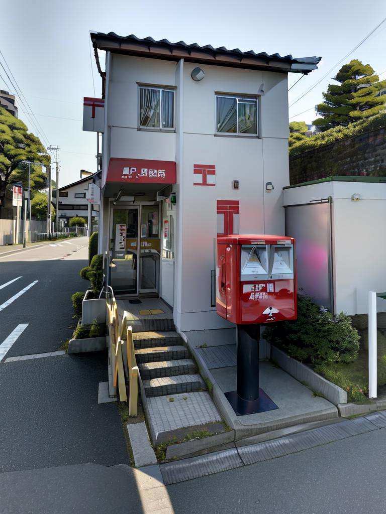 masterpiece, best quality, ultra-detailed, illustration,JPO, scenery, outdoors, vending machine, sky, building, day, road, utility pole, power lines, tree, blue sky, street, shadow, sign, Post box <lora:JapanPOST:1>