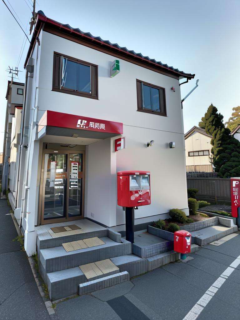 masterpiece, best quality, ultra-detailed, illustration,JPO, scenery, outdoors, vending machine, sky, building, day, road, utility pole, power lines, tree, blue sky, street, shadow, sign, Post box <lora:JapanPOST:1>