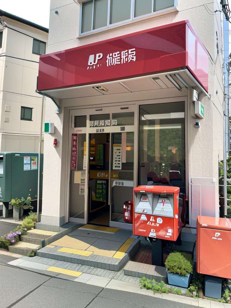 masterpiece, best quality, ultra-detailed, illustration,JPO, scenery, vending machine, chinese text, clock, door, trash can, sign, building, shop, air conditioner, outdoors, window, plant, road, Post box <lora:JapanPOST:1>