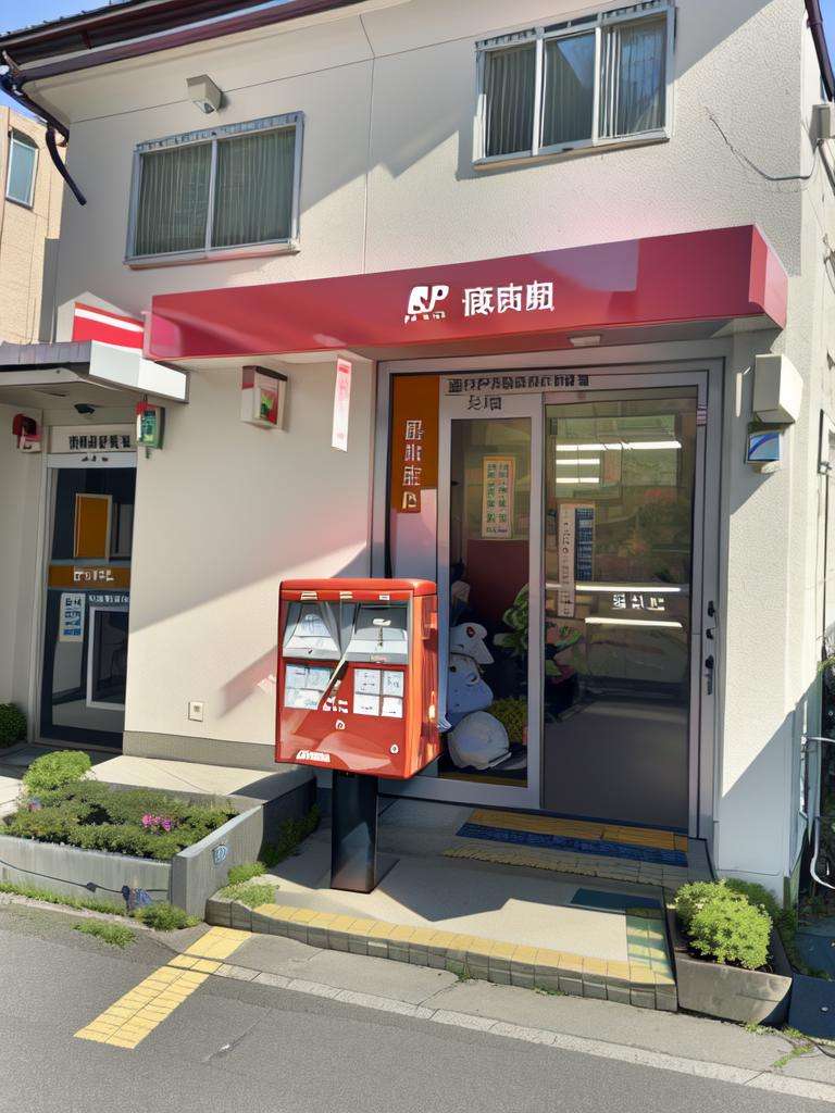 masterpiece, best quality, ultra-detailed, illustration,JPO, scenery, vending machine, chinese text, clock, door, trash can, sign, building, shop, air conditioner, outdoors, window, plant, road, Post box <lora:JapanPOST:1>