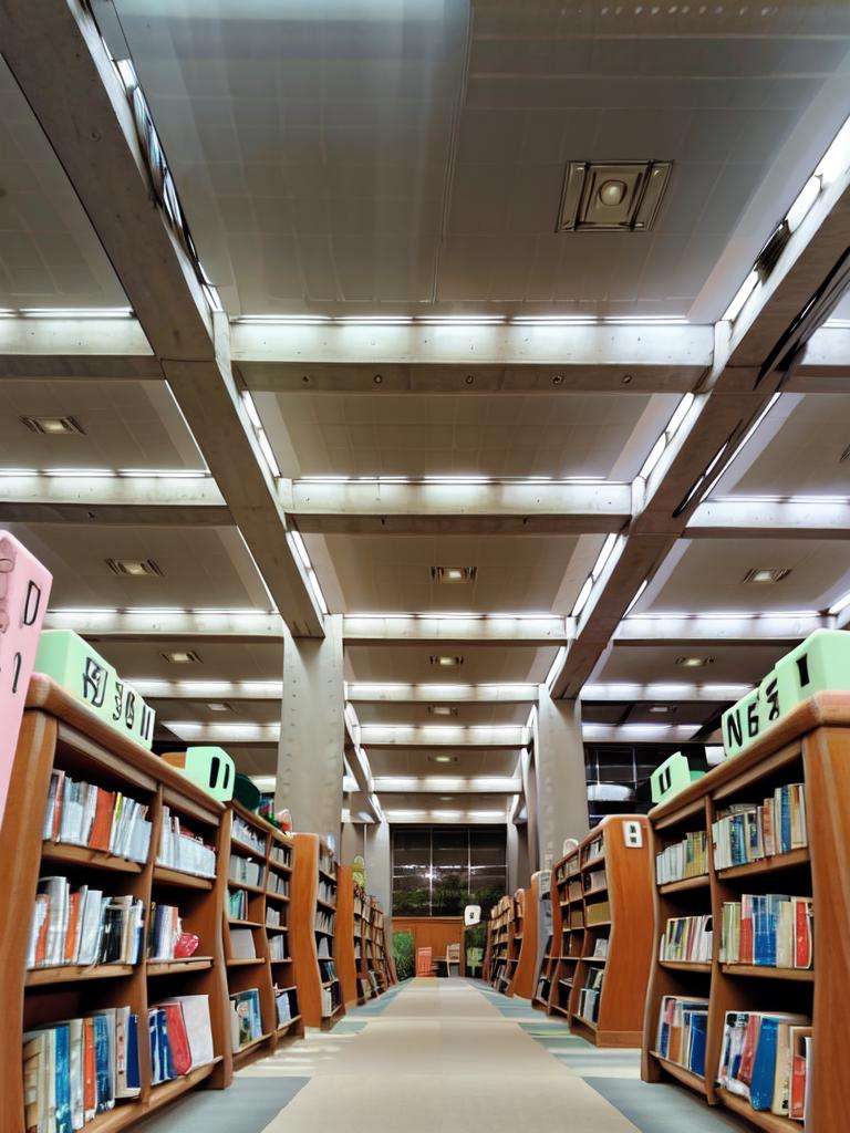 masterpiece, best quality, ultra-detailed, illustration,NCT2, bookshelf, book, scenery, shelf, ceiling, window, library, night, ceiling light,  <lora:NishinomiyaChuouTosyokan:1> 