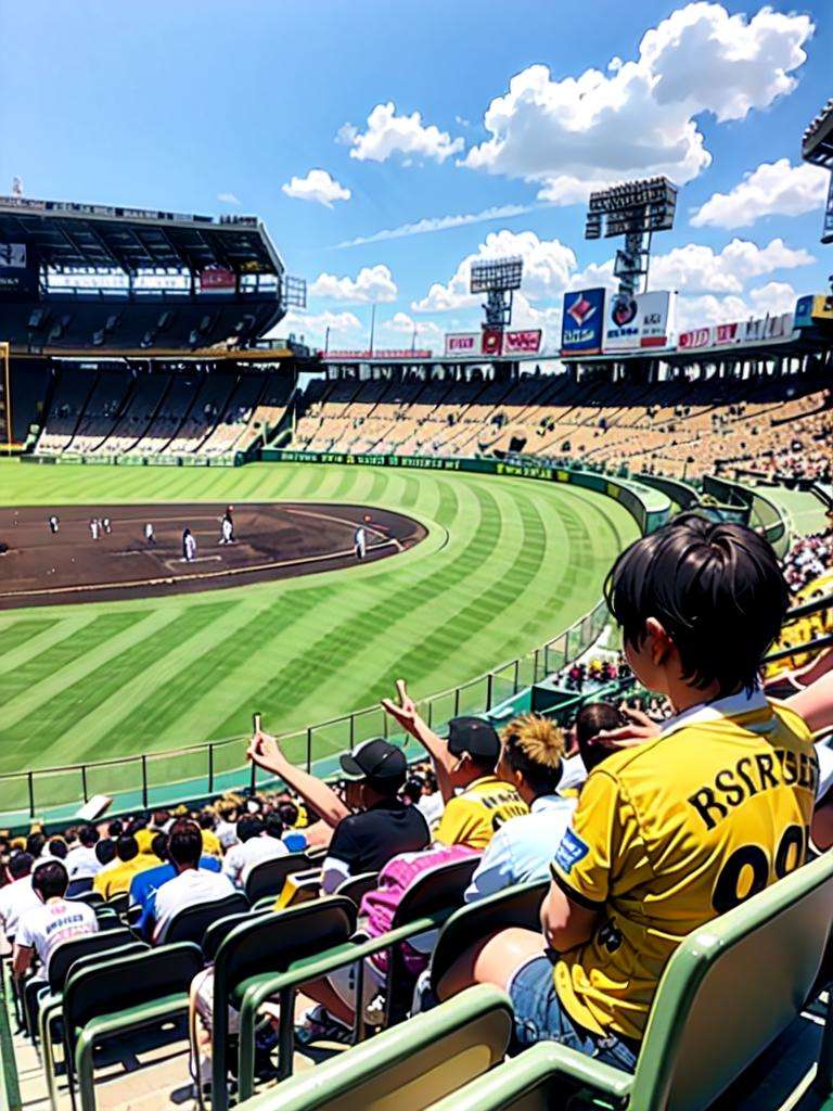 masterpiece, best quality, ultra-detailed, illustration,koshienstadium, crowd, black hair, outdoors, shirt, male focus, 6+boys, short hair, short sleeves, multiple boys, cloud, yellow shirt, scenery, sky,  people, 6+others,  sportswear, 1boy, too many, multiple girls, 6+girls, real world location, baseball stadium <lora:KoshienstadiumV2:1>