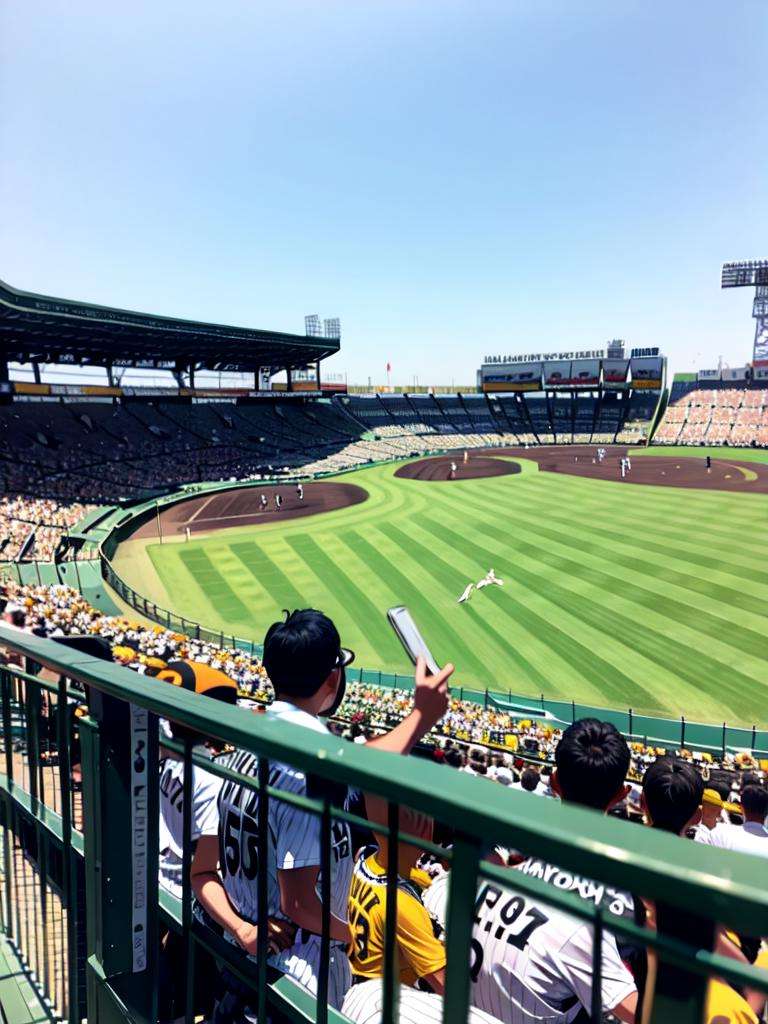 masterpiece, best quality, ultra-detailed, illustration,koshienstadium, crowd, black hair, outdoors, shirt, male focus, 6+boys, short hair, short sleeves, multiple boys, cloud, yellow shirt, scenery, sky,  people, 6+others,  sportswear, 1boy, too many, multiple girls, 6+girls, real world location, baseball stadium <lora:KoshienstadiumV2:1>