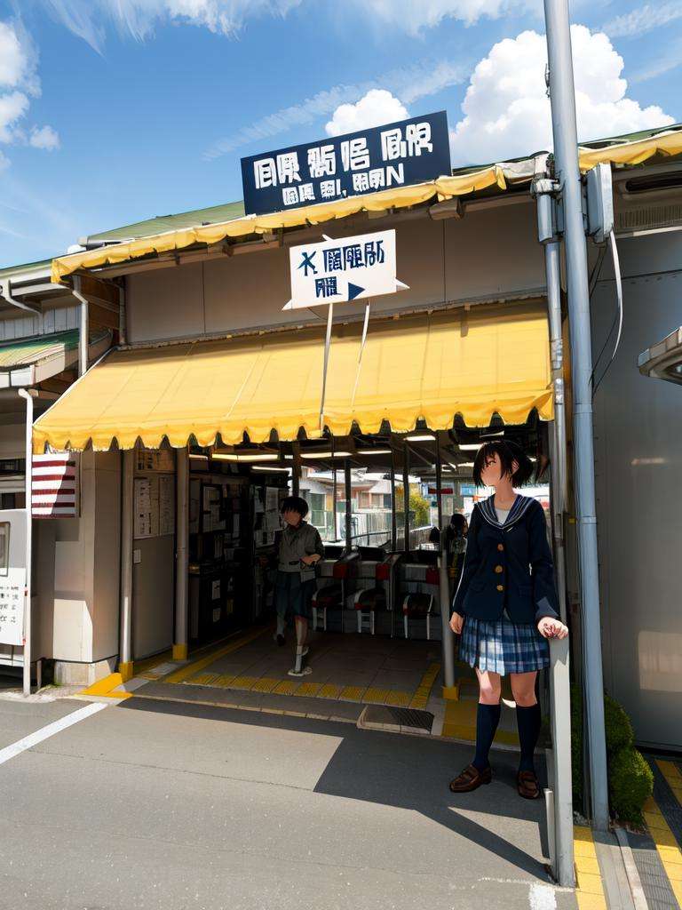 masterpiece, best quality, ultra-detailed, illustration,koyoenst, exterior, ground vehicle, outdoors, motor vehicle, real world location, kita high school uniform, winter uniform, multiple boys, school uniform, street, car, power lines, road, building, multiple girls, blue sailor collar, scenery, nagato yuki, serafuku, sign, sky, vanishing point, day, blue skirt, city, cloud, sailor collar, skirt, utility pole, short hair,  <lora:koyoen-000008:1>