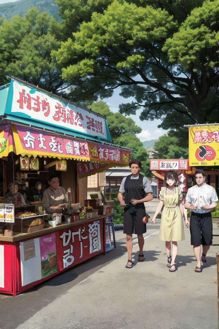 masterpiece, best quality, ultra-detailed, illustration,omatsuri, food stand, multiple boys, food, shirt, outdoors, scenery, short hair, multiple girls, tree, holding, black hair, apron, day, sandals, 3boys, standing, headband, shorts, brown hair, walking, <lora:omatsuri_V4_1.0_OUTD_Resize_DIM8:1>