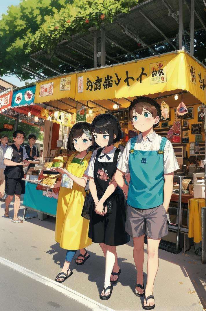 masterpiece, best quality, ultra-detailed, illustration,omatsuri, food stand, multiple boys, food, shirt, outdoors, scenery, short hair, multiple girls, tree, holding, black hair, apron, day, sandals, 3boys, standing, headband, shorts, brown hair, walking, <lora:omatsuri_V4_1.0_OUTD_Resize_DIM8:1>