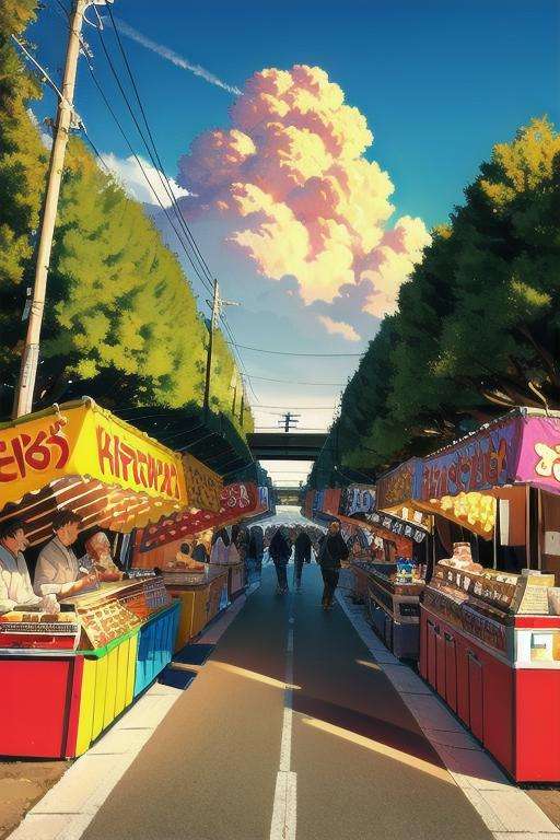 masterpiece, best quality, ultra-detailed, illustration,omatsuri, food stand, outdoors, scenery, tree, street, road, sign, multiple boys, power lines, lamppost, sky, cloud, day, real world location, winter, city, sitting, bare tree, utility pole, building, vending machine, food, shop, pants, trash can, 6+boys,  <lora:omatsuri_V4_1.0_OUTD_Resize_DIM8:1>