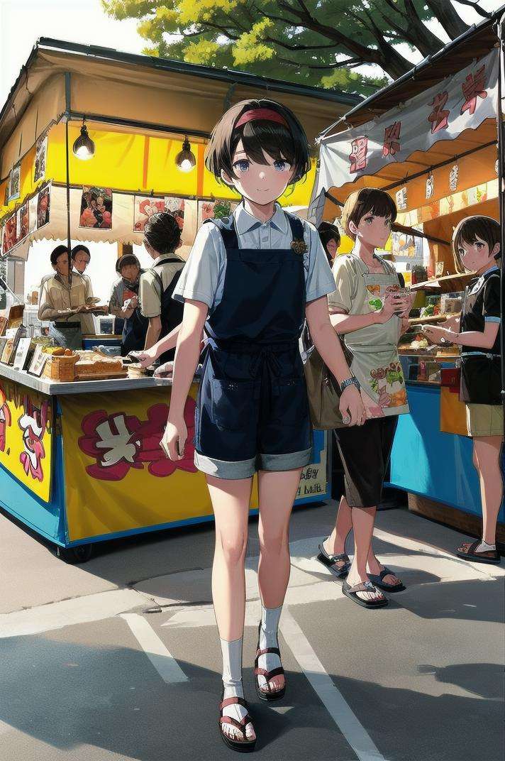 masterpiece, best quality, ultra-detailed, illustration,omatsuri, food stand, multiple boys, food, shirt, outdoors, scenery, short hair, multiple girls, tree, holding, black hair, apron, day, sandals, 3boys, standing, headband, shorts, brown hair, walking, <lora:omatsuri_V4_1.0_OUTD_Resize_DIM8:1>