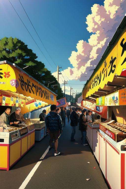 masterpiece, best quality, ultra-detailed, illustration,omatsuri, food stand, outdoors, scenery, tree, street, road, sign, multiple boys, power lines, lamppost, sky, cloud, day, real world location, winter, city, sitting, bare tree, utility pole, building, vending machine, food, shop, pants, trash can, 6+boys,  <lora:omatsuri_V4_1.0_OUTD_Resize_DIM8:1>