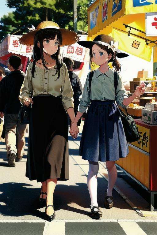 masterpiece, best quality, ultra-detailed, illustration,omatsuri, food stand, multiple girls, tree, outdoors, bag, hat, skirt, handbag, road, street, walking, multiple boys, scenery, crowd, long skirt, pantyhose, day, long hair, real world location, black skirt, 6+boys, lantern, shirt, 6+girls, backpack, festival, food, photo background, pavement, crosswalk, paper lantern, lamppost, brown hair, white shirt, short hair, holding, sun hat,  <lora:omatsuri_V4_1.0_OUTD_Resize_DIM8:1>