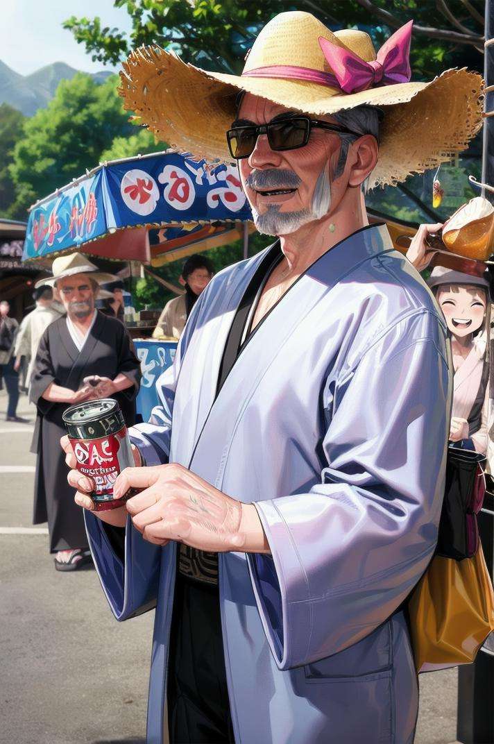 masterpiece, best quality, ultra-detailed, illustration,older man, (mascular male:1.8), Fine macho, silver hair,  short cut, sunglasses, cowboy hat, hold beer can, kimono, yukata, laughing, thumbs up, omatsuri, food stand, food, outdoors, scenery, multiple girls, tree, holding, standing, <lora:omatsuri_V4_1.0_OUTD_Resize_DIM8:1>