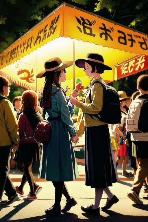 masterpiece, best quality, ultra-detailed, illustration,omatsuri, food stand, multiple girls, tree, outdoors, bag, hat, skirt, handbag, road, street, walking, multiple boys, scenery, crowd, long skirt, pantyhose, day, long hair, real world location, black skirt, 6+boys, lantern, shirt, 6+girls, backpack, festival, food, photo background, pavement, crosswalk, paper lantern, lamppost, brown hair, white shirt, short hair, holding, sun hat,  <lora:omatsuri_V4_1.0_OUTD_Resize_DIM8:1>