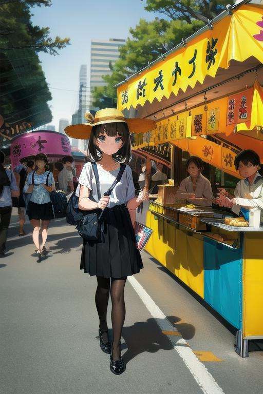 masterpiece, best quality, ultra-detailed, illustration,omatsuri, food stand, multiple girls, tree, outdoors, bag, hat, skirt, handbag, road, street, walking, multiple boys, scenery, crowd, long skirt, pantyhose, day, long hair, real world location, black skirt, 6+boys, lantern, shirt, 6+girls, backpack, festival, food, photo background, pavement, crosswalk, paper lantern, lamppost, brown hair, white shirt, short hair, holding, sun hat,  <lora:omatsuri_V4_1.0_OUTD_Resize_DIM8:1>