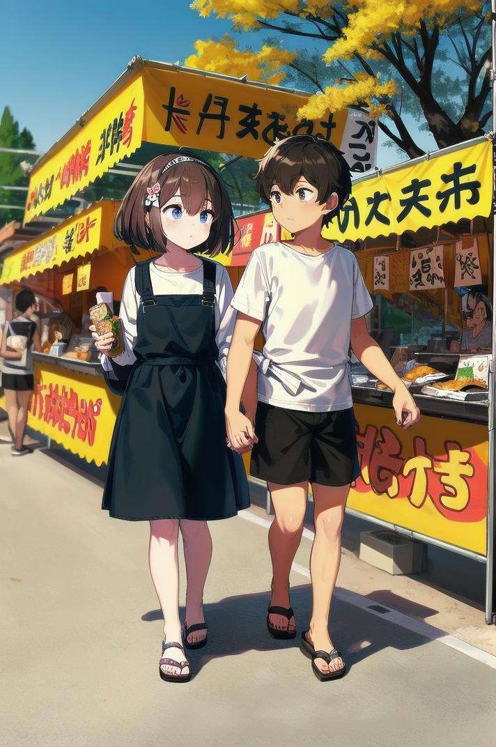 masterpiece, best quality, ultra-detailed, illustration,omatsuri, food stand, multiple boys, food, shirt, outdoors, scenery, short hair, multiple girls, tree, holding, black hair, apron, day, sandals, 3boys, standing, headband, shorts, brown hair, walking, <lora:omatsuri_V4_1.0_OUTD_Resize_DIM8:1>