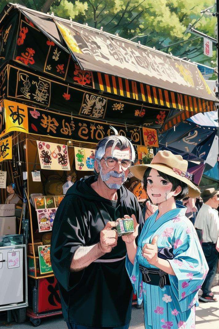 masterpiece, best quality, ultra-detailed, illustration,older man, (mascular male:1.8), Fine macho, silver hair,  short cut, sunglasses, cowboy hat, hold beer can,  yukata, laughing, thumbs up,omatsuri, food stand, food, outdoors, scenery, multiple girls, tree, holding, standing, realistic, <lora:omatsuri_V4_1.0_OUTD:1>