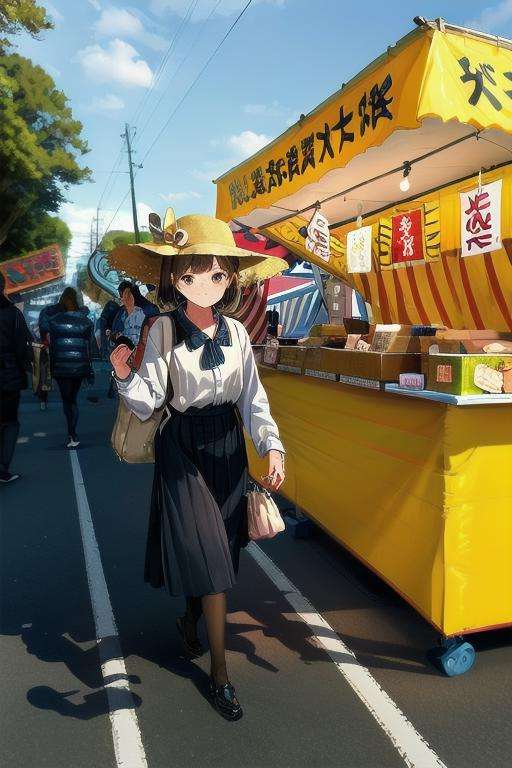 masterpiece, best quality, ultra-detailed, illustration,omatsuri, food stand, multiple girls, tree, outdoors, bag, hat, skirt, handbag, road, street, walking, multiple boys, scenery, crowd, long skirt, pantyhose, day, long hair, real world location, black skirt, 6+boys, lantern, shirt, 6+girls, backpack, festival, food, photo background, pavement, crosswalk, paper lantern, lamppost, brown hair, white shirt, short hair, holding, sun hat, <lora:omatsuri_V4_1.0_OUTD:1>