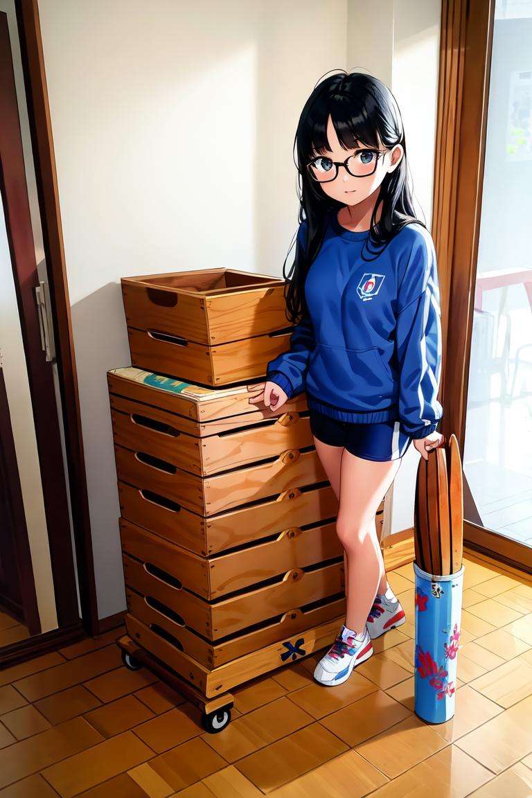 masterpiece, best quality, ultra-detailed, illustration,1girl, solo, glasses, black hair, long hair, gym uniform, buruma, uwabaki,taikusouko, gymnastics mat, vaulting horse, scenery, indoors, wooden floor, window, shelf, box, ball, sunlight, day, basketball, <lora:taiikukan-000004:1>