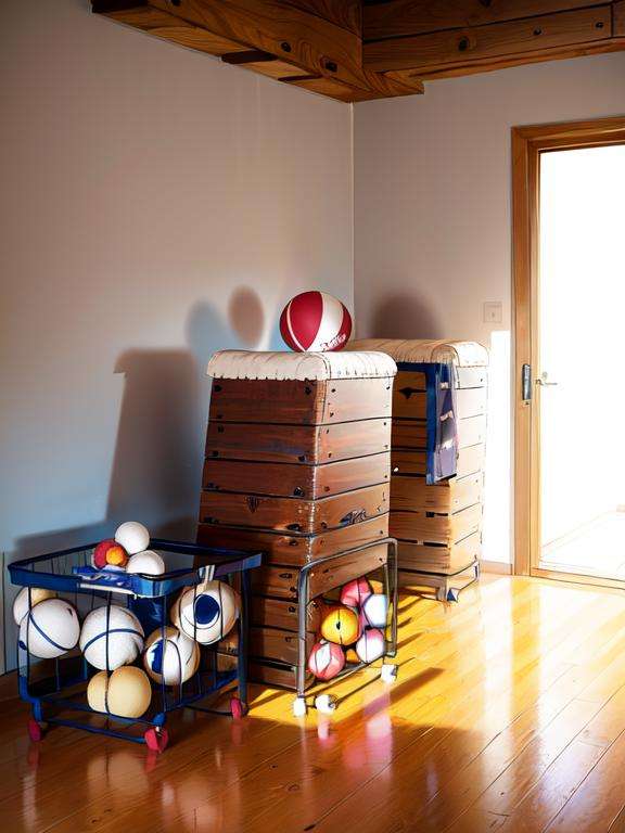 masterpiece, best quality, ultra-detailed, illustration,taikusouko, gymnastics mat, vaulting horse, scenery, indoors, wooden floor, window, shelf, box, ball, sunlight, day, basketball,  <lora:taiikukan:1>