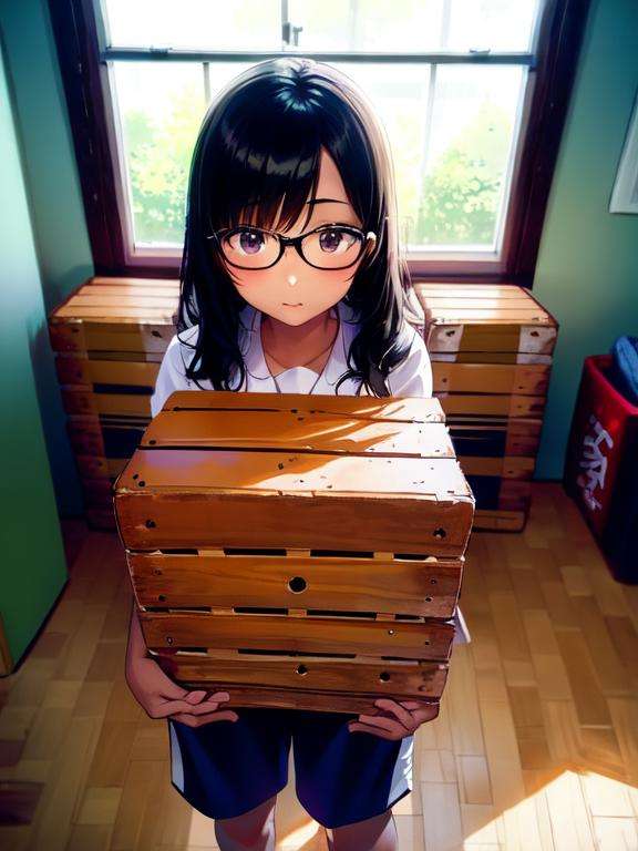 masterpiece, best quality, ultra-detailed, illustration,1girl, solo, glasses, black hair, long hair, gym uniform, buruma, uwabaki,taikusouko, gymnastics mat, vaulting horse, scenery, indoors, wooden floor, window, shelf, box, ball, sunlight, day, basketball, <lora:taiikukan-000004:1>