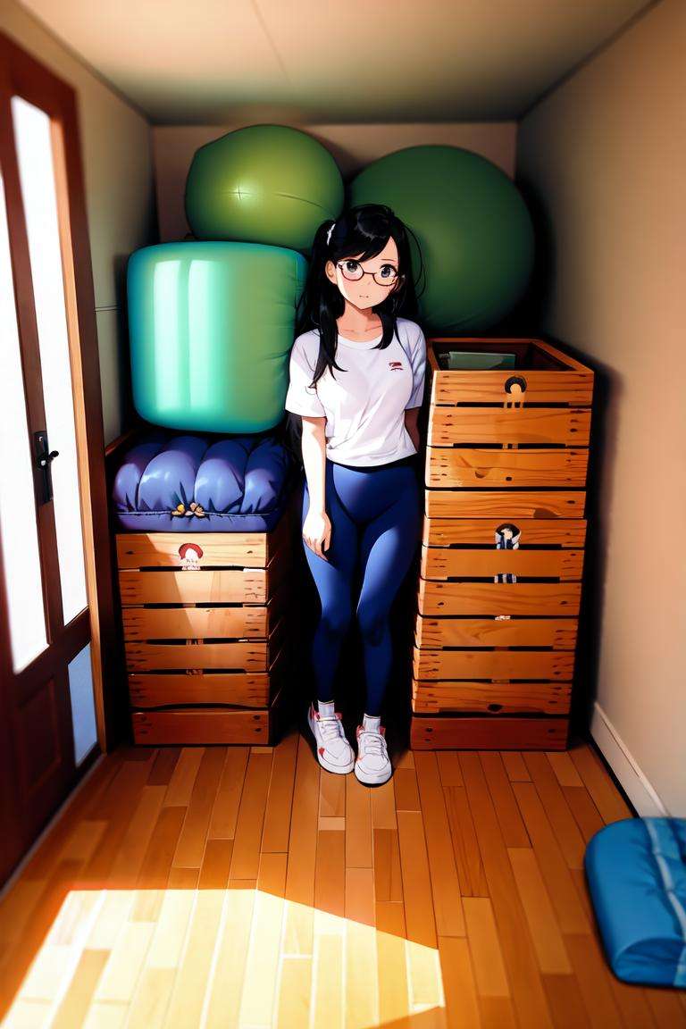 masterpiece, best quality, ultra-detailed, illustration,1girl, solo, glasses, black hair, long hair, gym uniform, buruma, uwabaki,taikusouko, gymnastics mat, vaulting horse, scenery, indoors, wooden floor, window, shelf, box, ball, sunlight, day, basketball, <lora:taiikukan-000004:1>