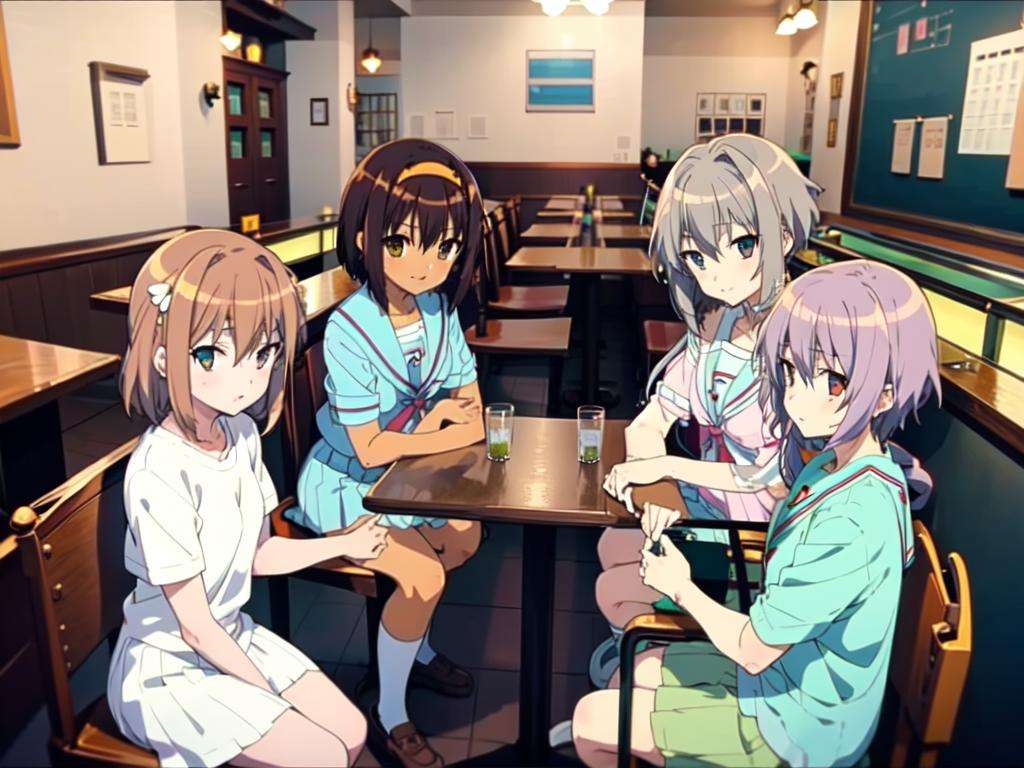 masterpiece, best quality, ultra-detailed, illustration,coffeeyadream, SOSD, nagato yuki, multiple girls, 3girls, asahina mikuru, kyon, suzumiya haruhi, blue sailor collar, koizumi itsuki, sailor collar, multiple boys, table, purple hair, kita high school uniform, 2boys, short hair, brown hair, sitting, serafuku, school uniform, short sleeves, summer uniform, shirt, long hair, indoors, glass, chair, casual, hairband, white shirt, blue skirt, pink shirt, brown eyes, cafe<lora:NishikitaKouen:0.8>