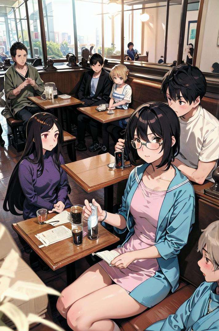 masterpiece, best quality, ultra-detailed, illustration,coffeeyadream, SOSD, indoors, multiple boys, chair, sitting, glasses, lamp, table, scenery, window, 2boys, 1boy, multiple girls, realistic, cafe <lora:Cafe_Dream_V2_1 _MID2_Resize_DIM32:1>