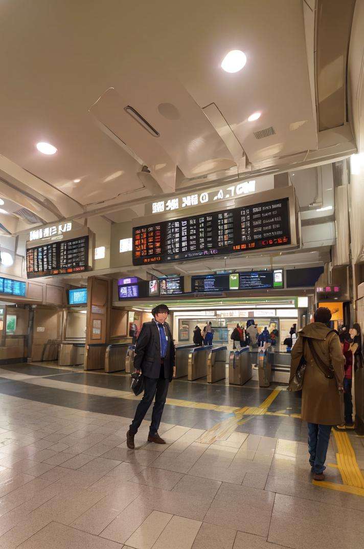 masterpiece, best quality, ultra-detailed, extremely detailed, illustration,kaisatsu, STOKYO, train staion, multiple boys, indoors, ceiling light, train station, reflective floor, tiles, scenery, tile floor, realistic,  <lora:STkaisatsui_V1_1_MIDD:1>